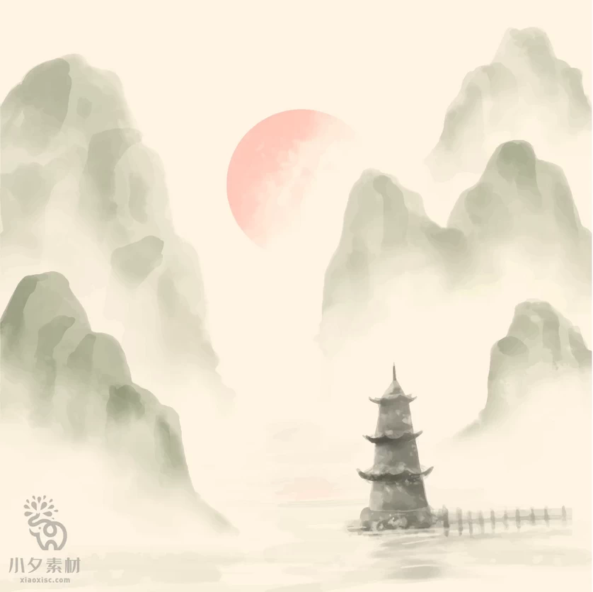 中国风中式禅意水彩水墨山水风景国画背景图案插画AI矢量设计素材【004】